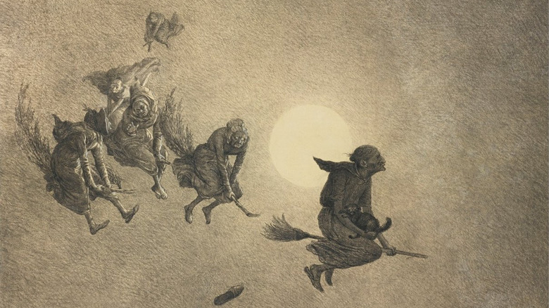 Illustration of witches riding brooms