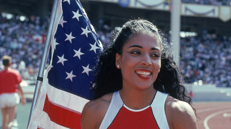 Florence Griffith Joyner with American flag