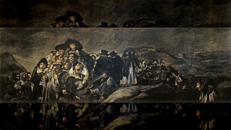 Pilgrims passing through dark landscape