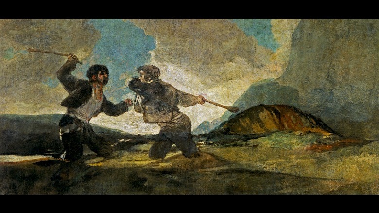 Two men fighting with clubs