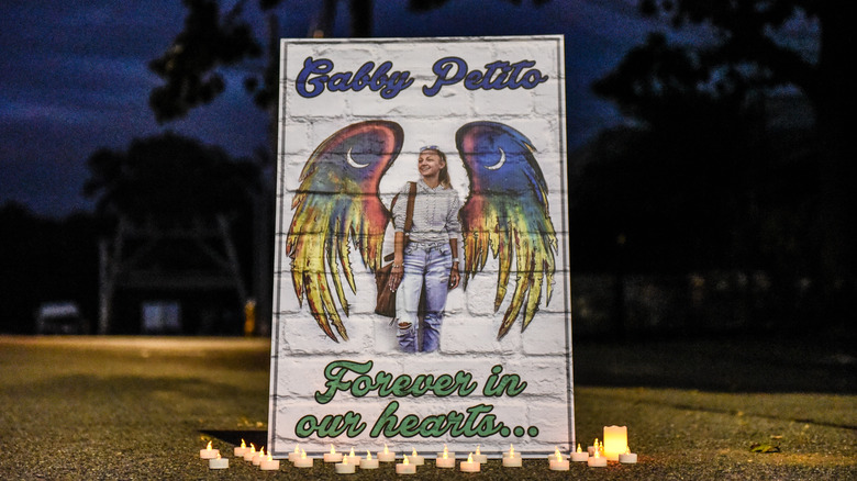 A memorial sign for Gabby Petito that reads "forever in our hearts"