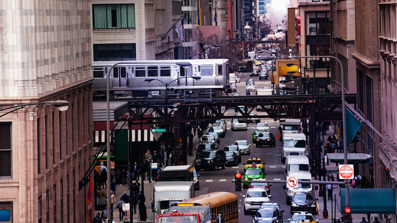 View from above of Chicago street and elevated train