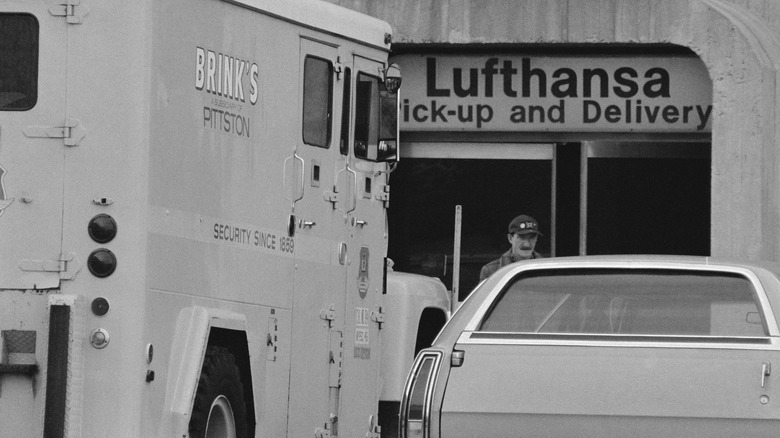 A Brink's truck outside a Lufthansa pick-up and delivery door