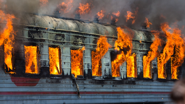 Train carriage on fire