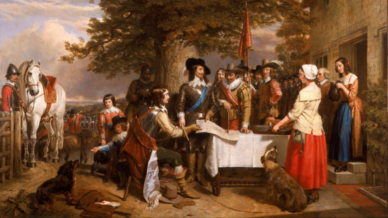 painting of the Battle of Edge Hill, with nobles meeting at a table