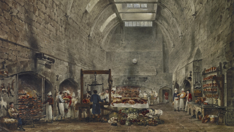 painting of stone Kitchen at Windsor Castle with people working