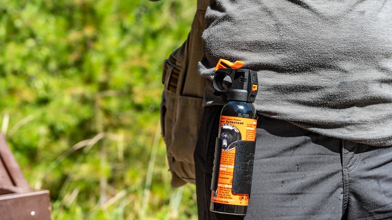 hiker wearing a can of bear spray