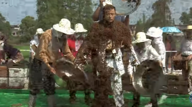 Ruan Liangming getting covered in bees