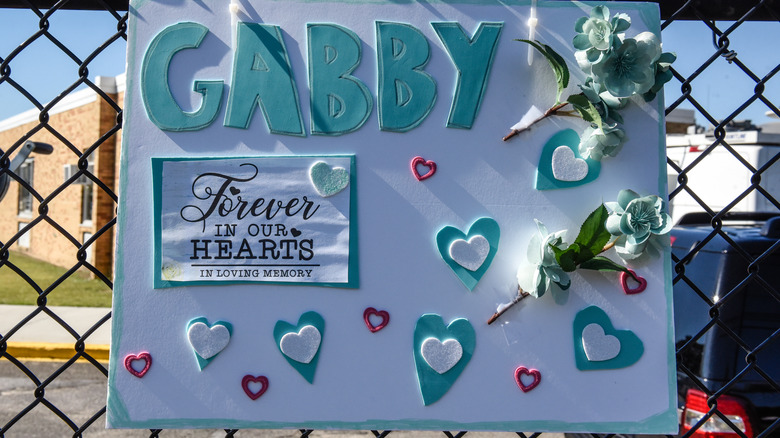 A sign for Gabby Petito is seen outside of a funeral home on September 26, 2021