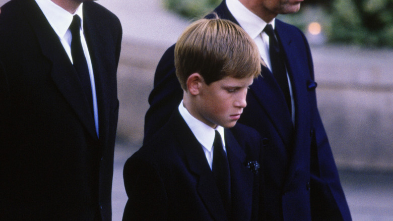 Prince Harry at his mother's funeral