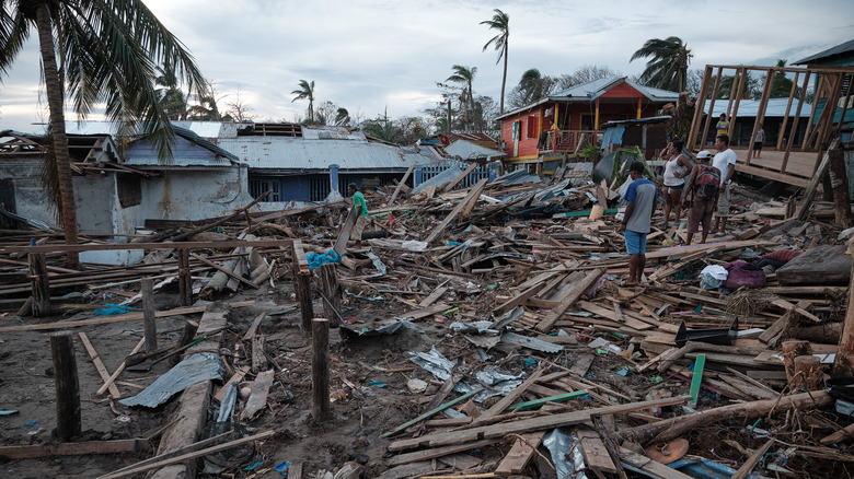 Flattened houses and other hurricane damage