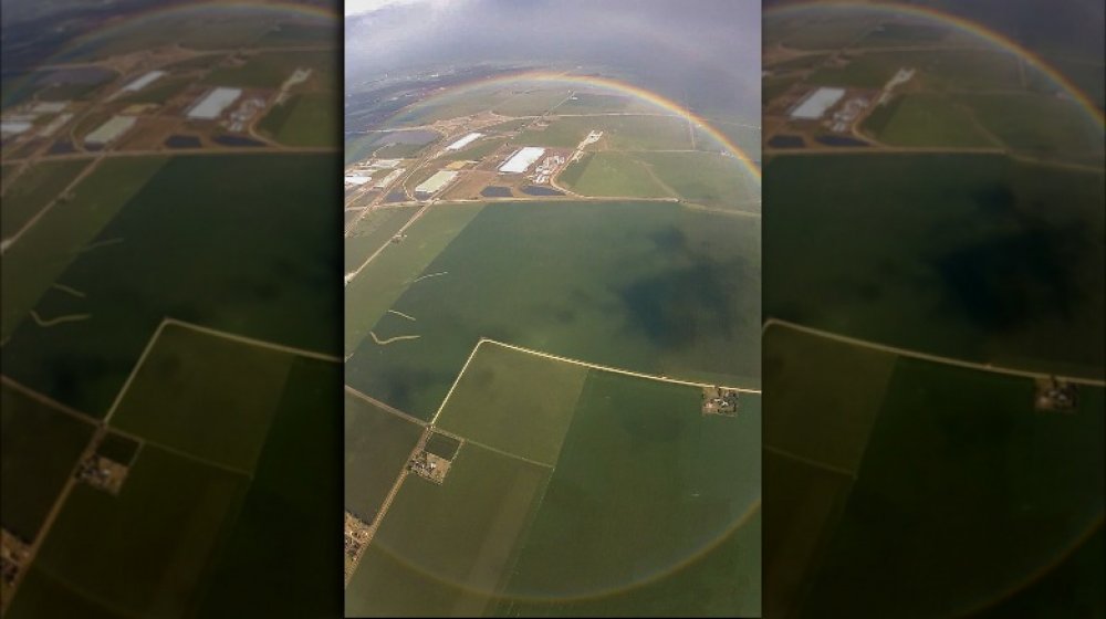 A photograph of a circular rainbow from above.