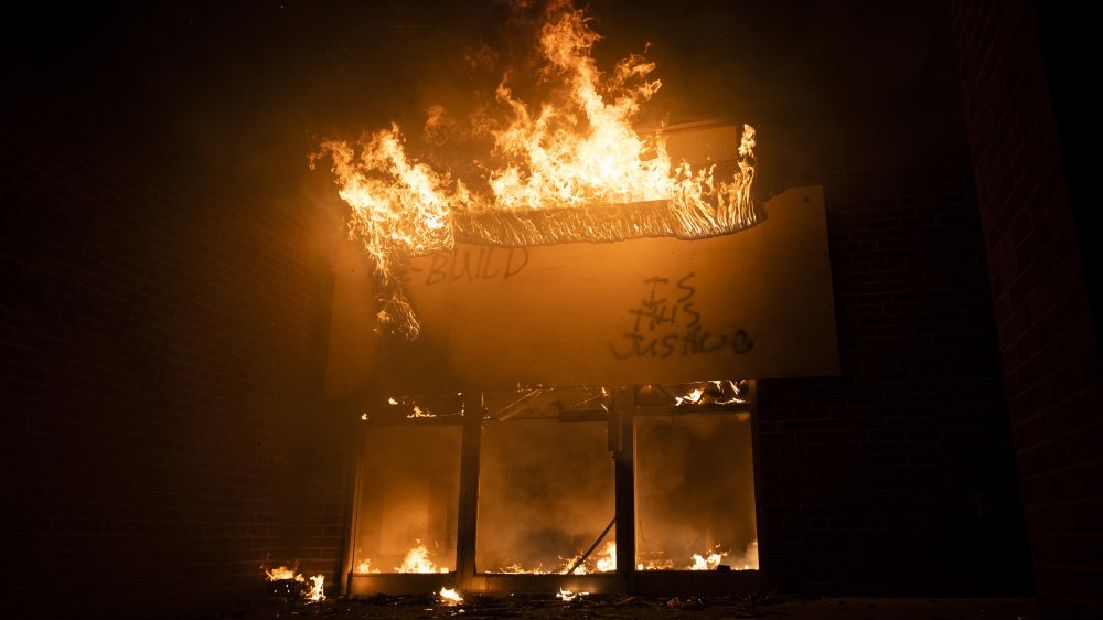 Minneapolis post office burning during the George Floyd protests