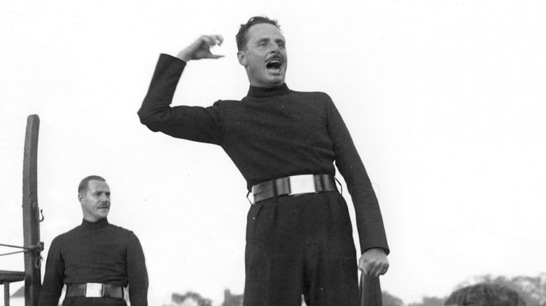 Oswald Mosley speaking and gesturing