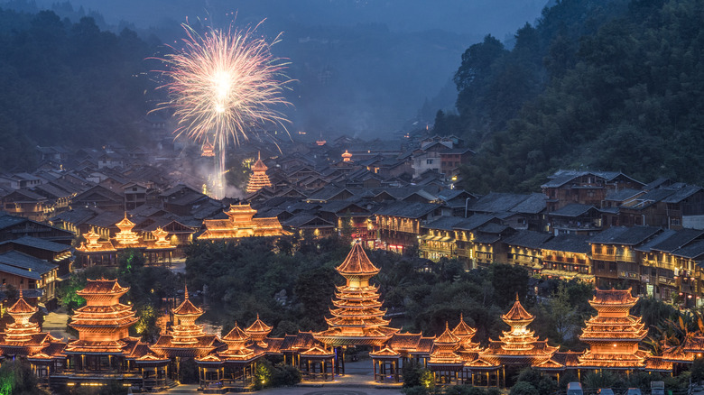 Fireworks in rural chinese village