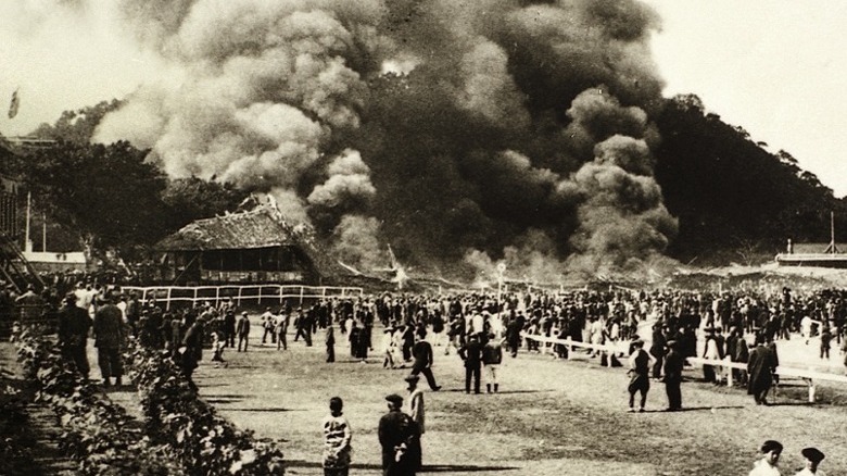 Smoke rising from burning stands at Happy Valley 