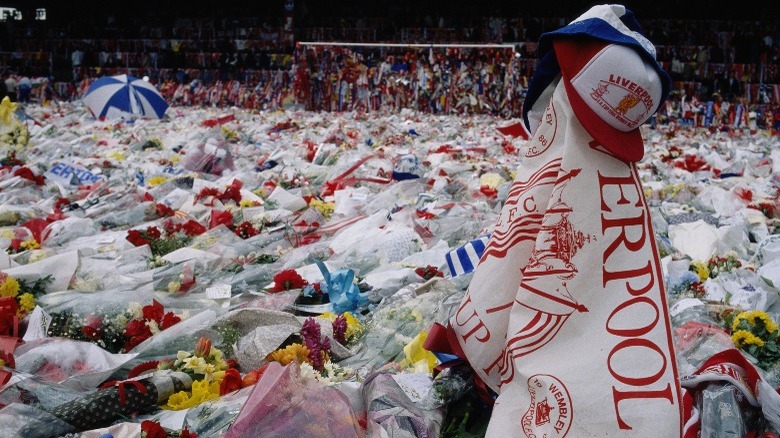 bouquets of flowers on stadium field