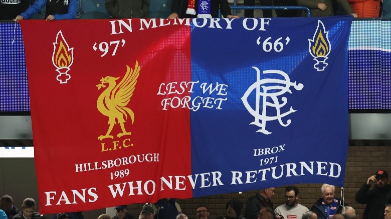 Ibrox memorial banner hanging in stadium