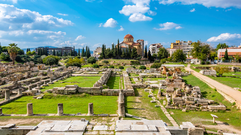 ancient graveyard at Kerameikos under blue sky