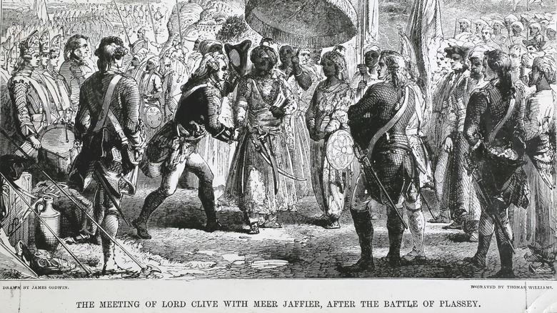 Mir Jafar meets robert clive with crowd of onlookers