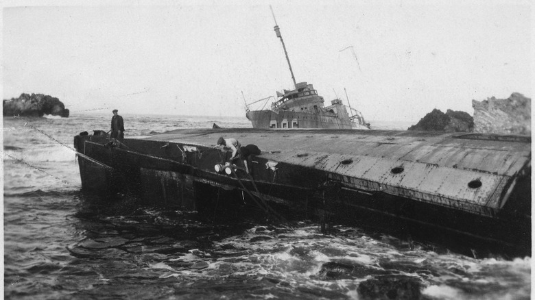 USS Woodbury on the beach