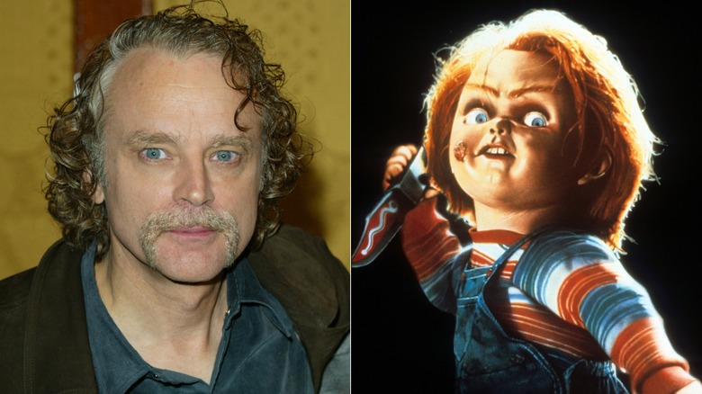 Split image of Brad Dourif and Chucky from Child's Play