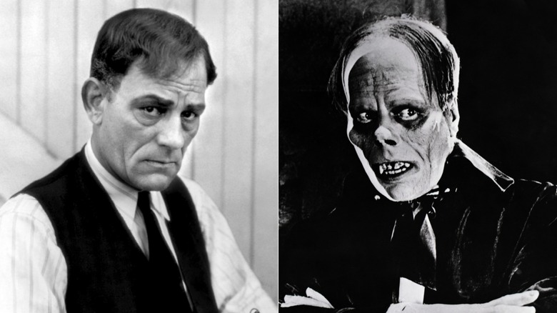 Split image of Lon Chaney and his character in The Phantom of the Opera