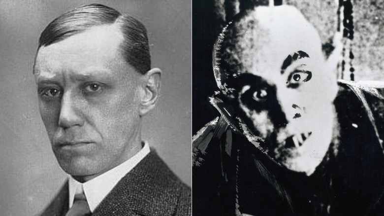 Split image of actor Max Schreck and his Nosferatu character, Count Orlok