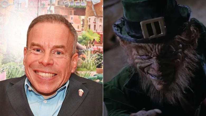 Split image of Warwick Davis and his character in Leprachaun