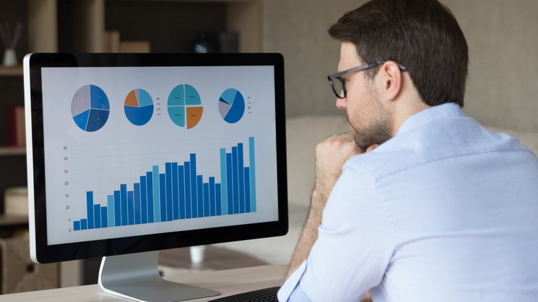 Man looking at graphs pie charts computer screen