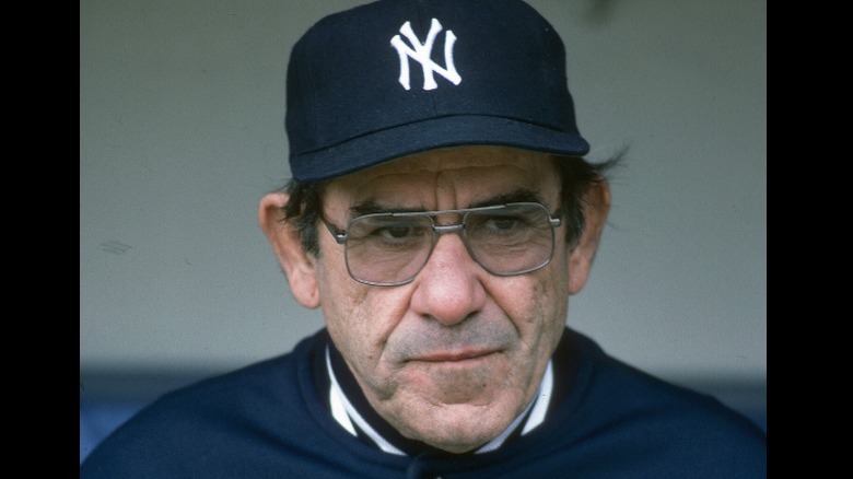 Yogi Berra frowning Yankees cap