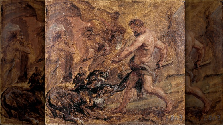 Hercules fighting Cerberus in hell