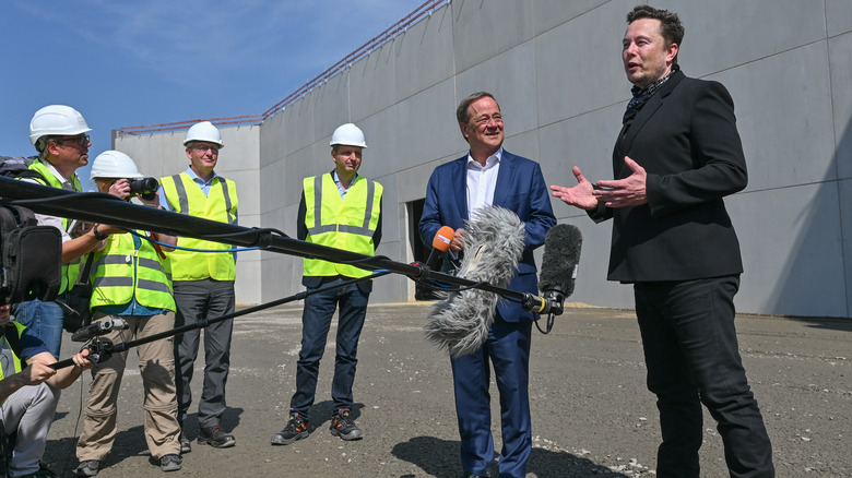 Elon Musk speaking to workers outside