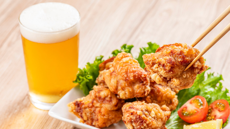 Karaage with beer at izakaya