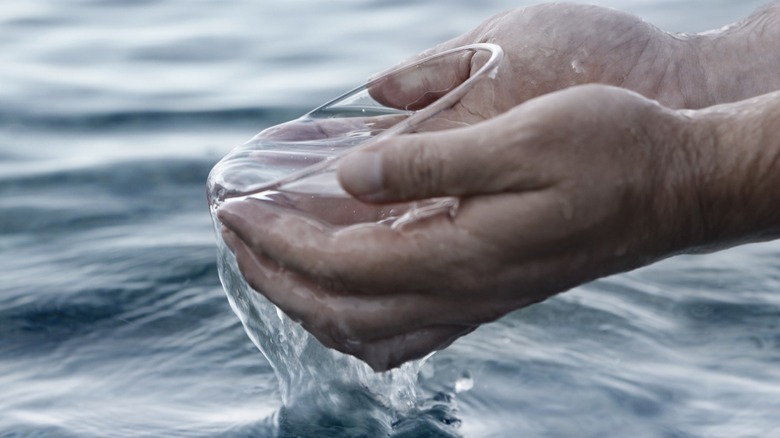 Close-up of hands cupping water