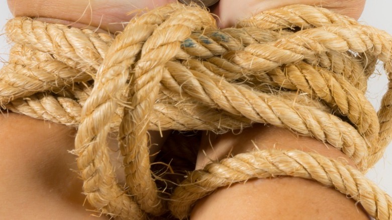 man's hands bound with rope