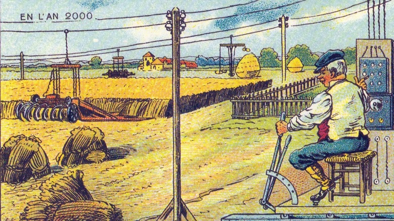 Drawing of farmer using remote control machine