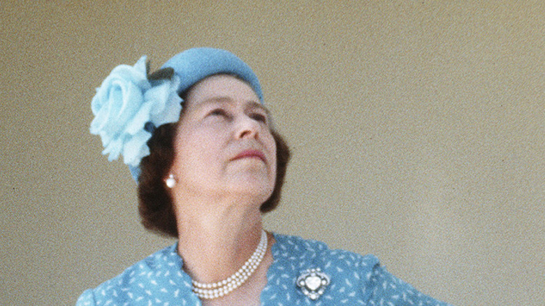 Queen Elizabeth looking skyward in 1982