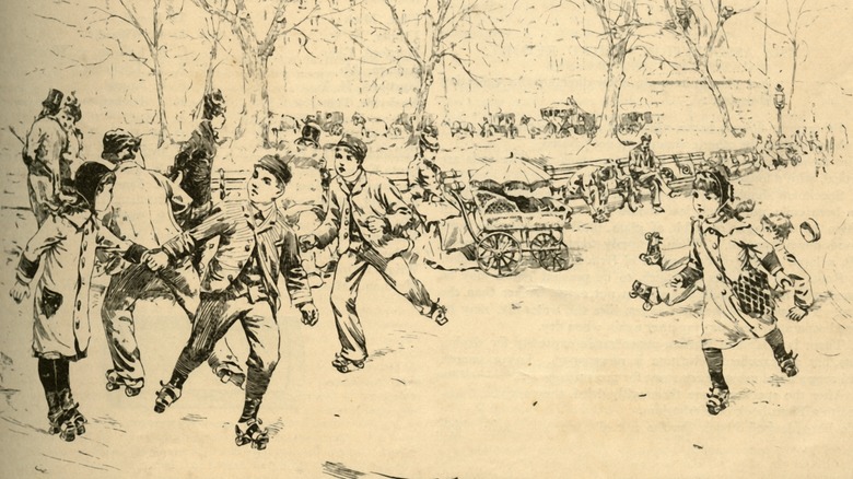 People roller skating in the 1880s