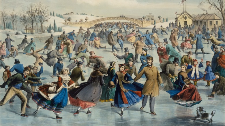 People ice skating in the 1800s