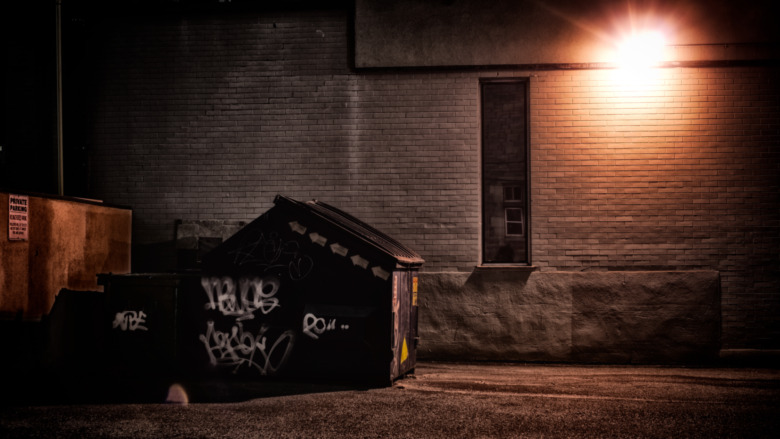 dark alley with dumpster at night