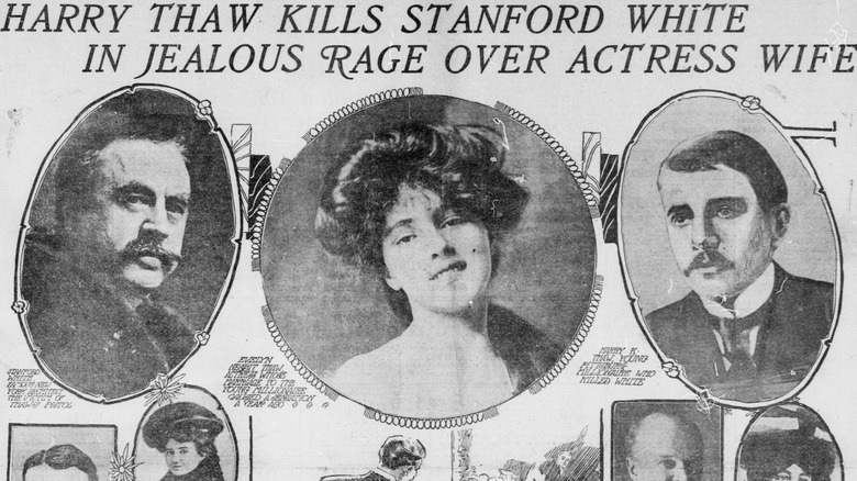 portraits of Harry Thaw, Evelyn Nesbit Thaw, and Stanford White on a front page