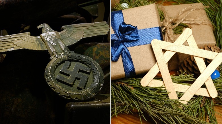 star of david with gifts, nazi eagle and cross