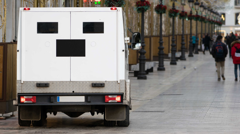 An armored car outside bank