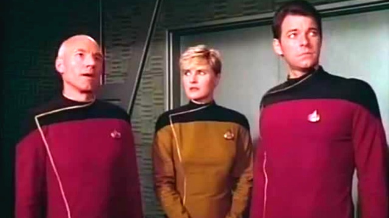 Captain Picard and others in season 1 episode 7 of Star Trek TNG