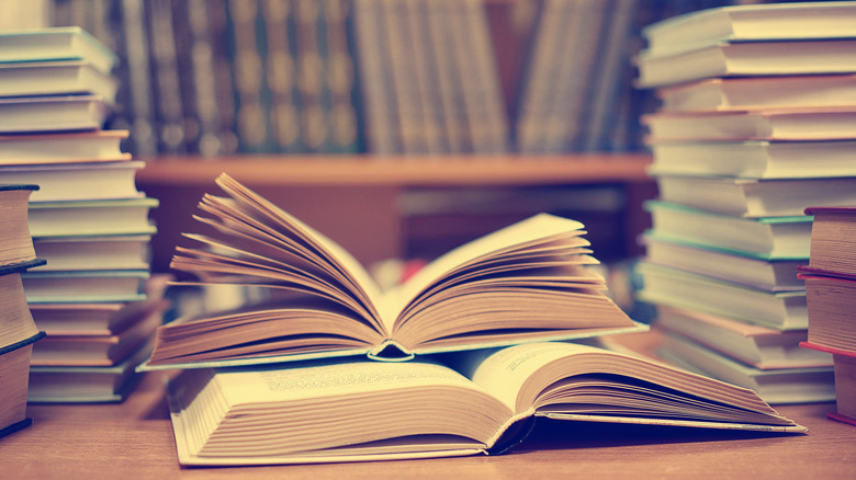 school books on a desk 