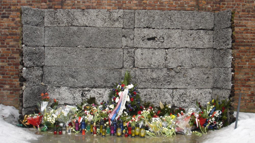 An execution wall in Auschwitz decorated with flowers, 2006