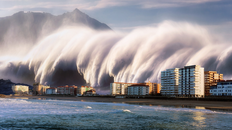 Tsunami hitting a city coastline