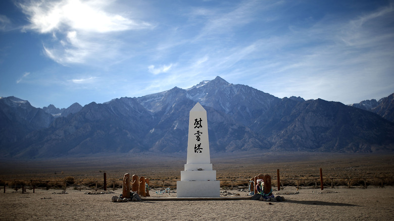 A monument honoring the dead stands in the cemetery at Manzanar National Historic Site on December 9, 2015 near Independence, California.