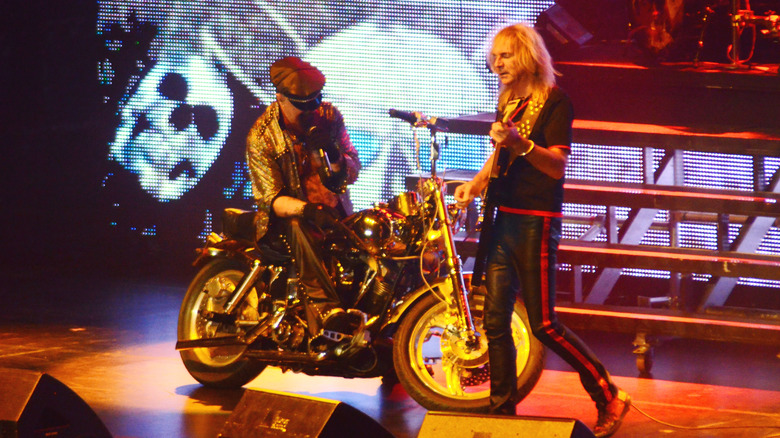 Rob Halford motorcycle onstage Judas Priest with Glenn Tipton
